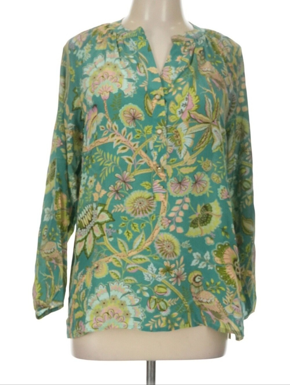 Spartina 449 Green Floral Long Sleeve Silk Blouse | Size Large
